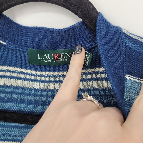 Lauren Ralph Lauren womens Large Blue Stripe knit open front fringe cardigan NWT - Picture 5 of 13